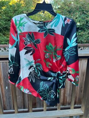 Zara Red Black Floral Wrap-Style Blouse